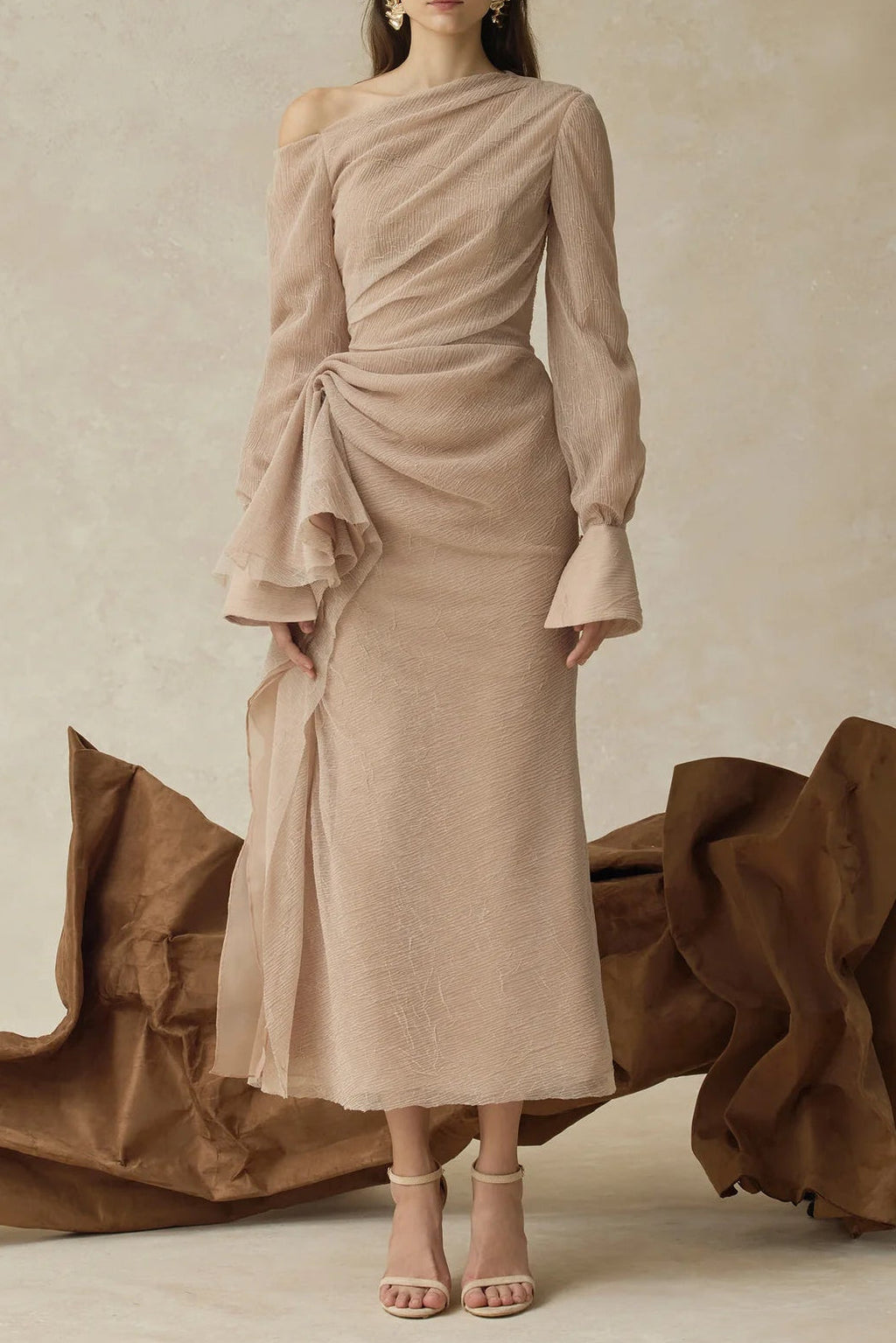 brianna Asymmetric Long Sleeve pleated maxi Dress in beige