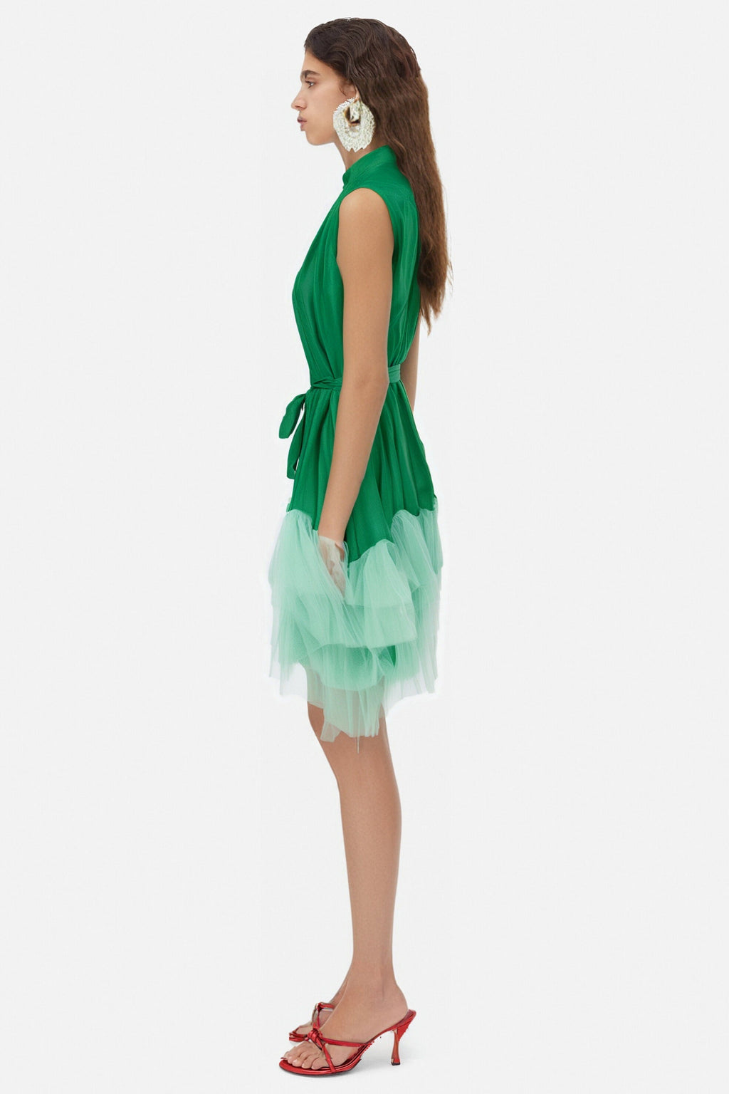 half-high-neckline tulle mini dress in green