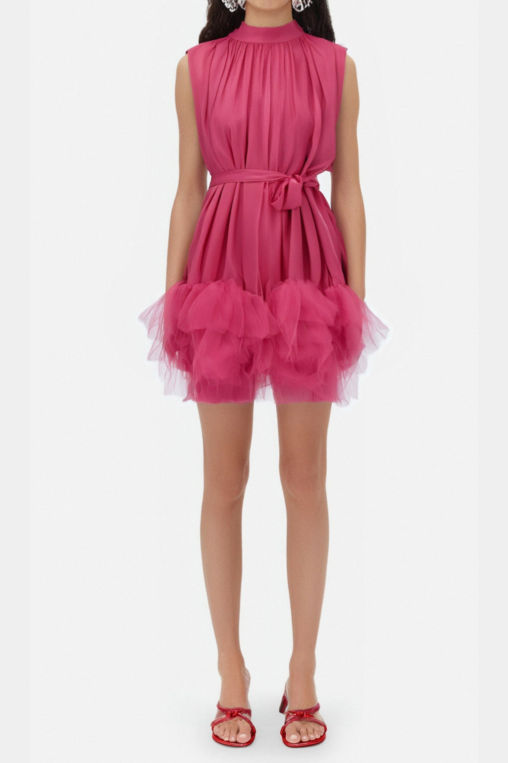 half-high-neckline tulle mini dress in pink
