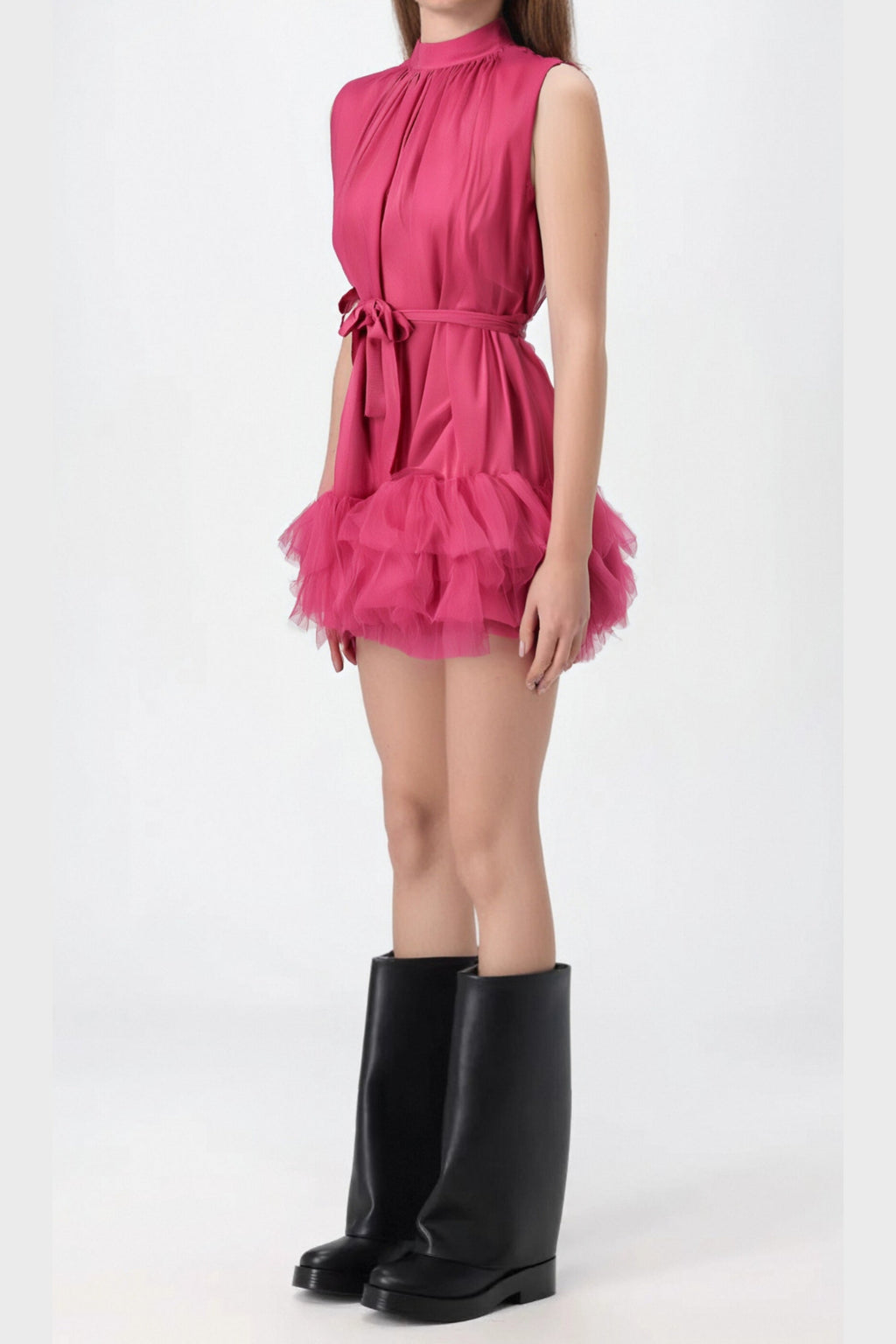 half-high-neckline tulle mini dress in pink