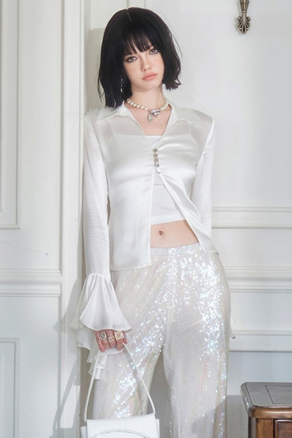 White Satin Ruffle Sleeve Cinched Waist Shirt