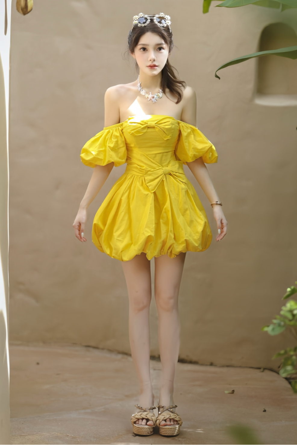 Bonnie puff strapless Mini Dress in yellow