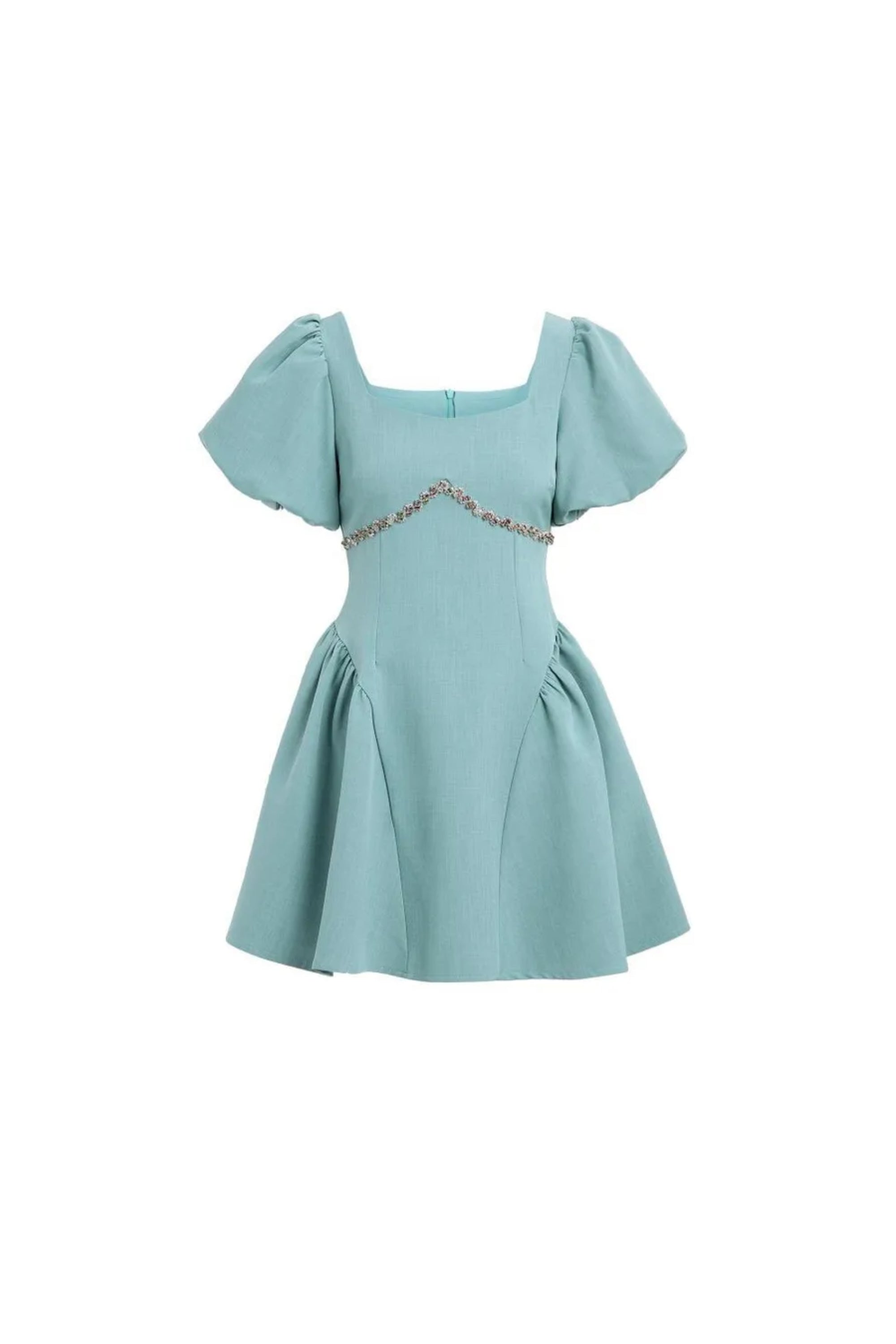 PUFF SLEEVES WAIST-TIGHTENING MINI DRESS IN GREEN
