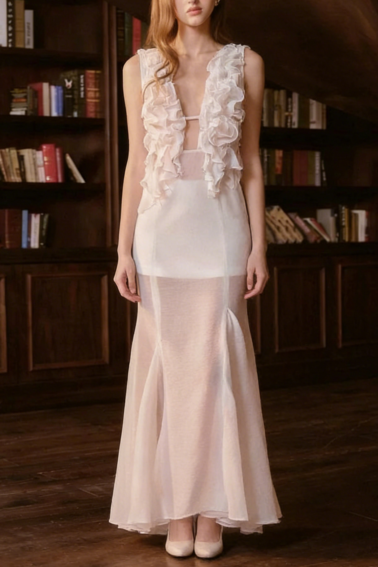 charlotte Pleat Ruffle Maxi Dress in white