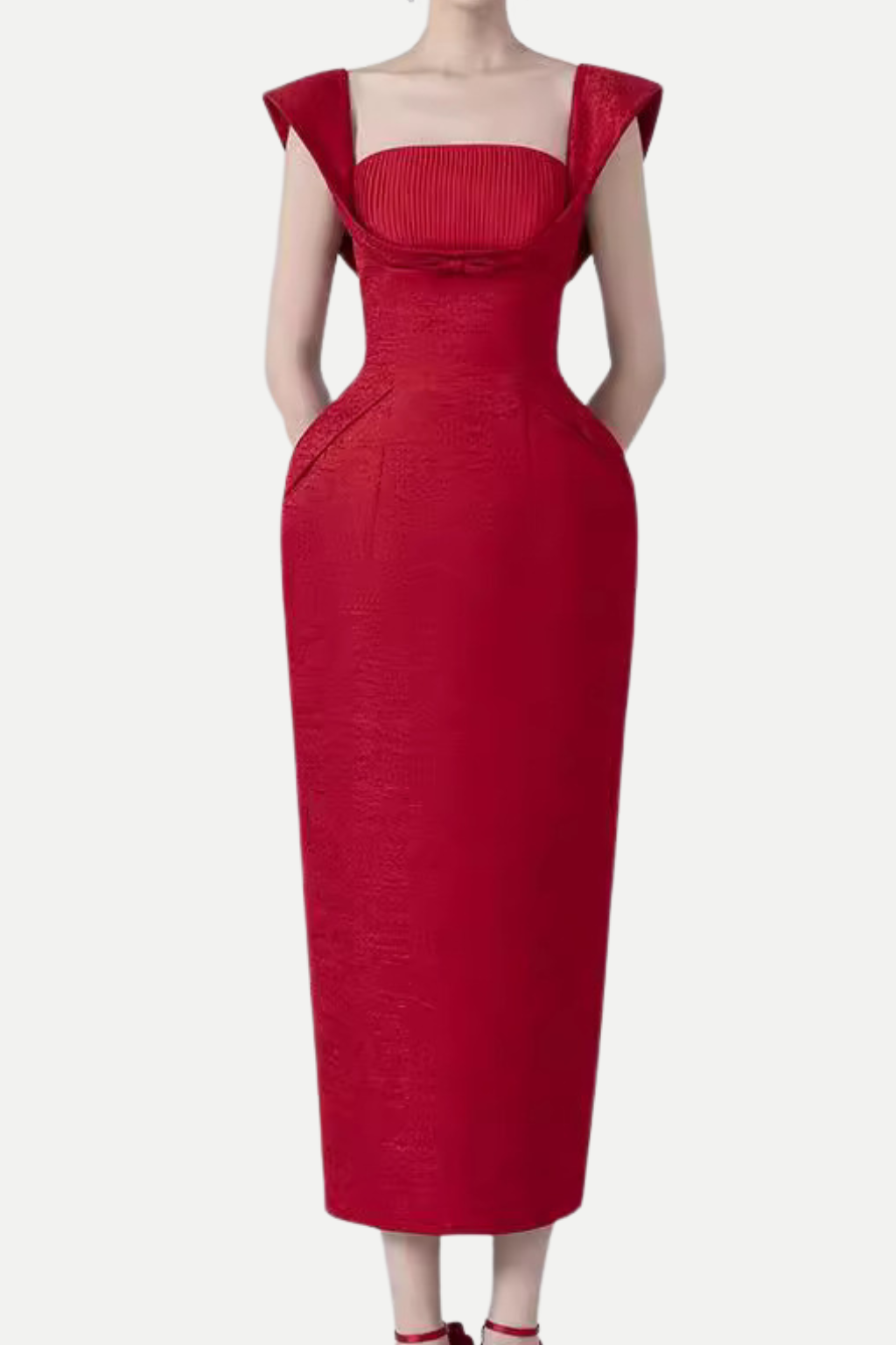 square neckline bow midi dress in red