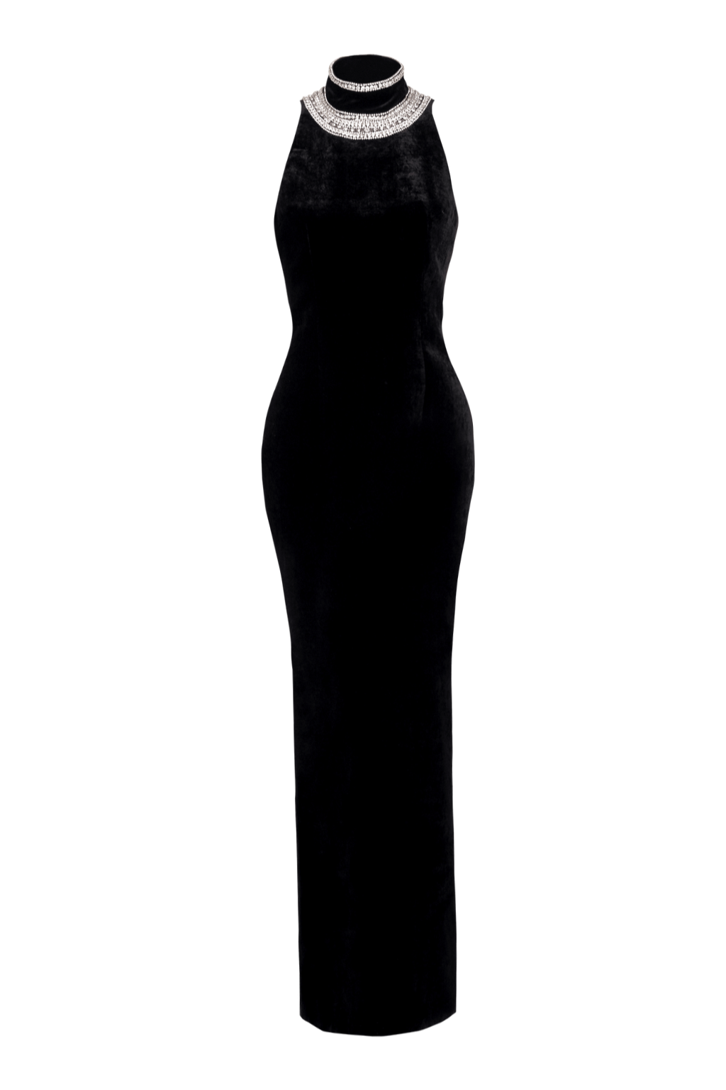 embroidered velvet halterneck maxi dress in black