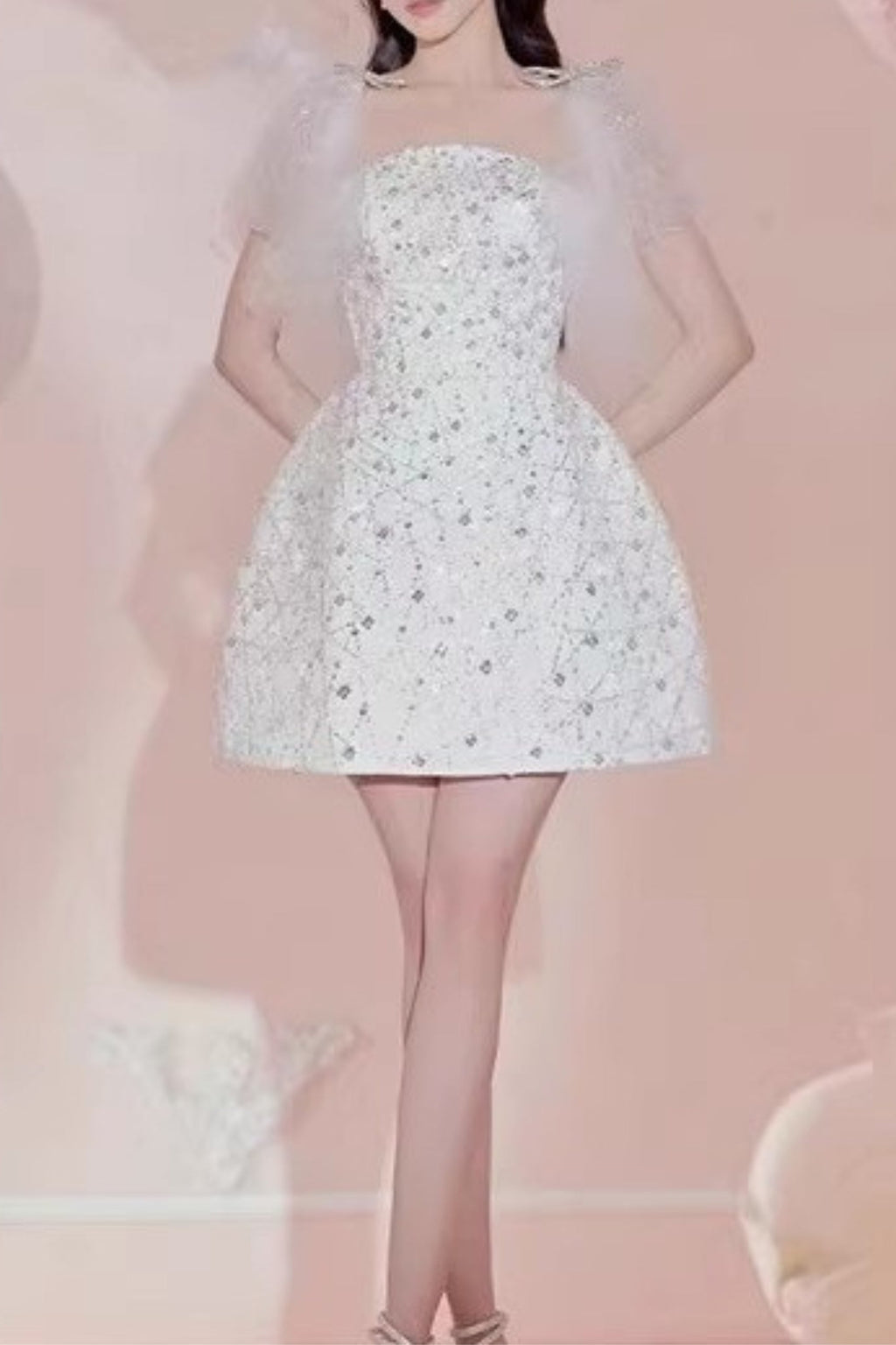 Sequin bow mini dress in white