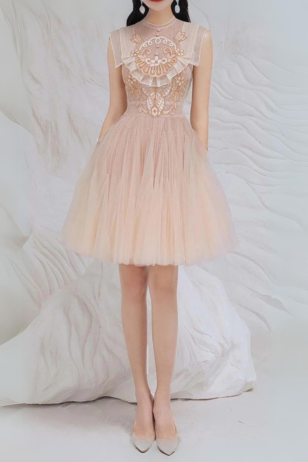 MESH EMBROIDERED SKATER DRESS IN PINK