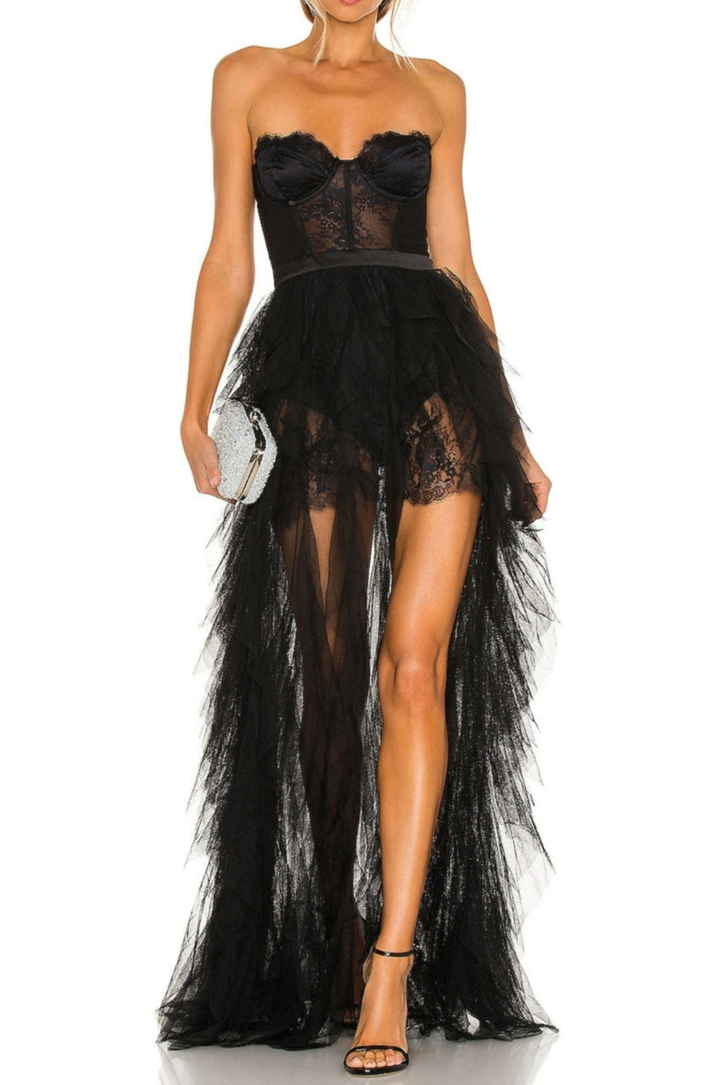 BLACK STRAPLESS LACE PATCHWORK MESH MAXI DRESS