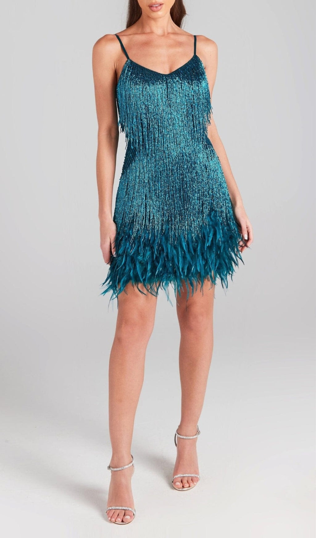 EMERALD TASSEL FEATHER MINI DRESS