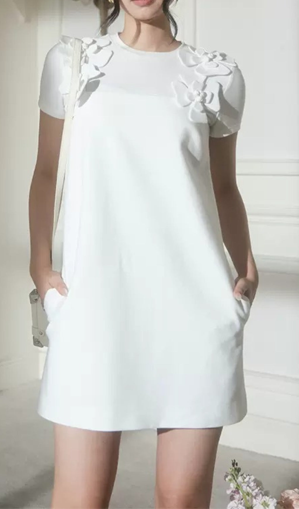 3D Floral Shoulder Strap Halter Mini Dress In White