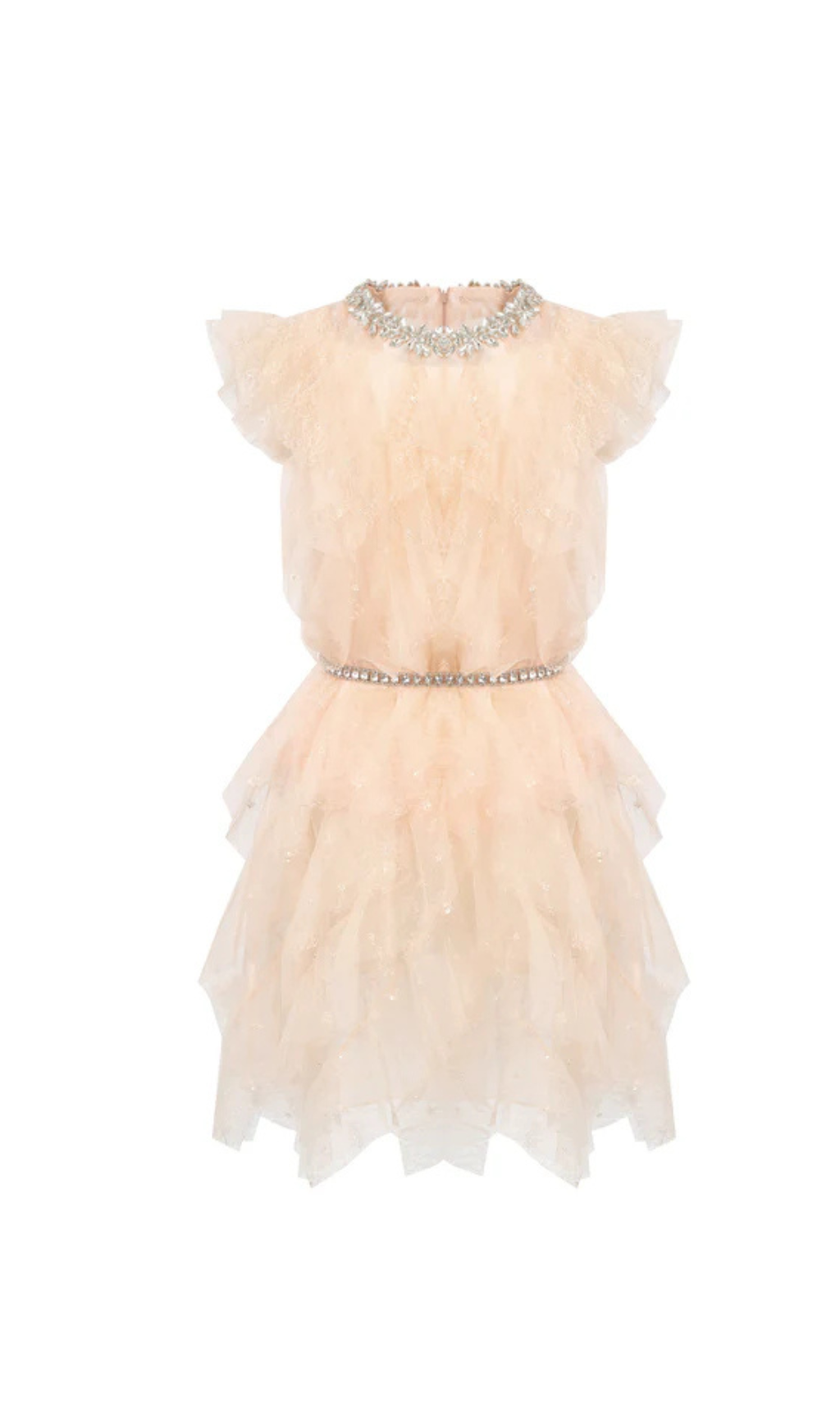 Crystal Embellished Ruffle mini Dress in pale pink