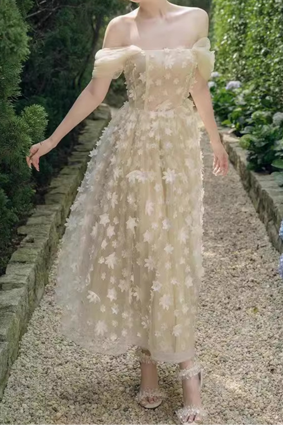 sabrina flower embellished strapless maxi dress in beige