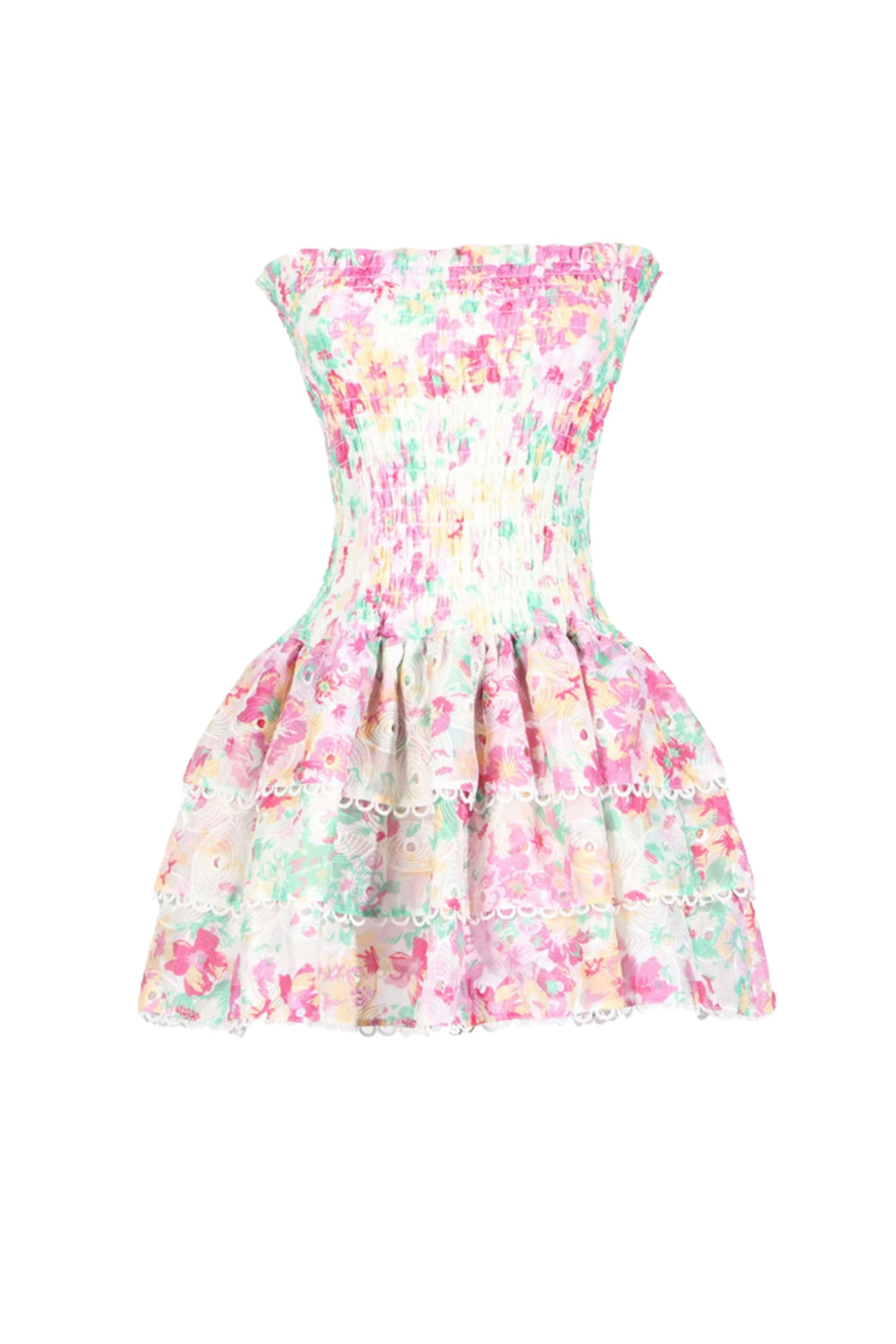 WHITE FLORAL RUCHED STRAPLESS MINI DRESS