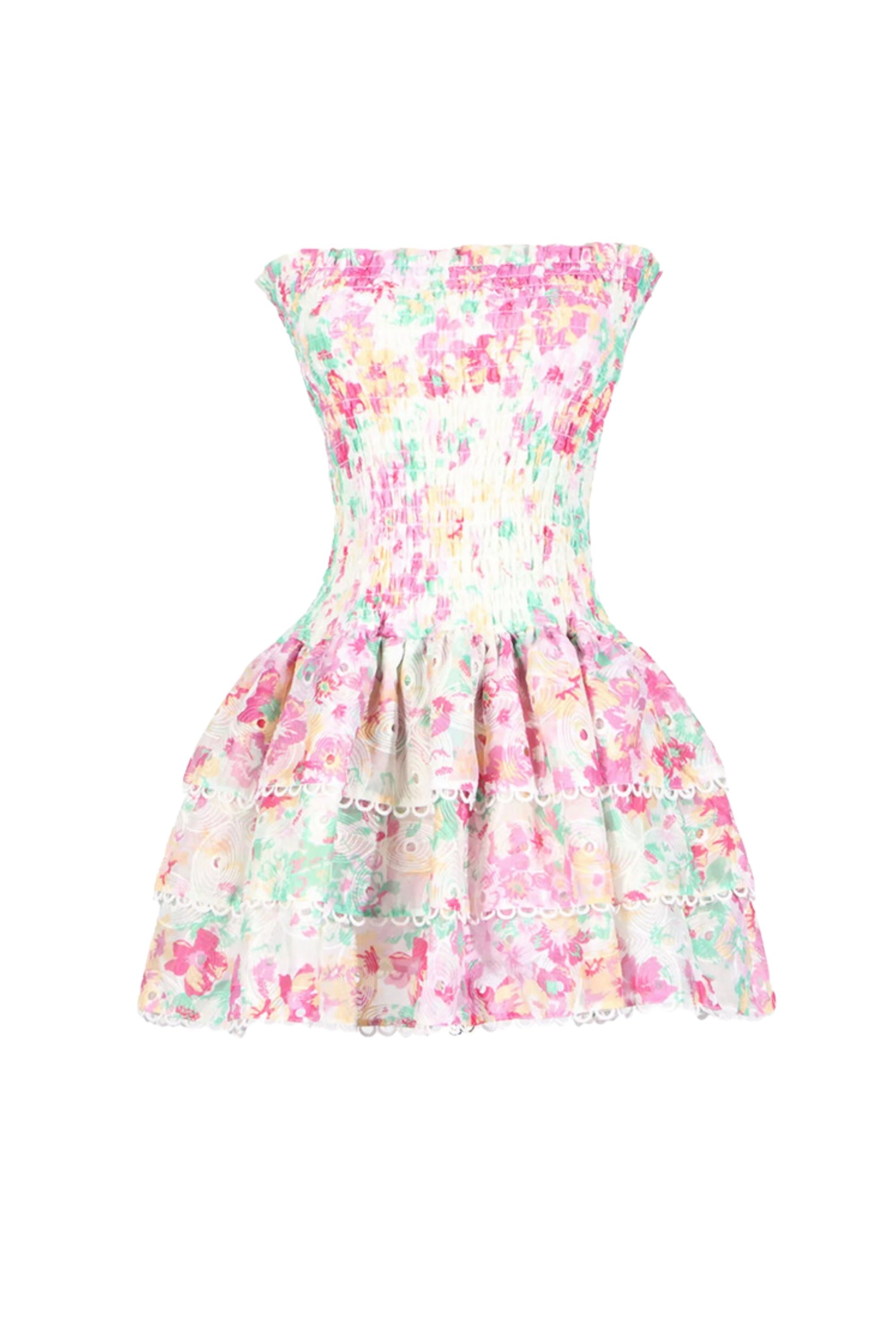 WHITE FLORAL RUCHED STRAPLESS MINI DRESS