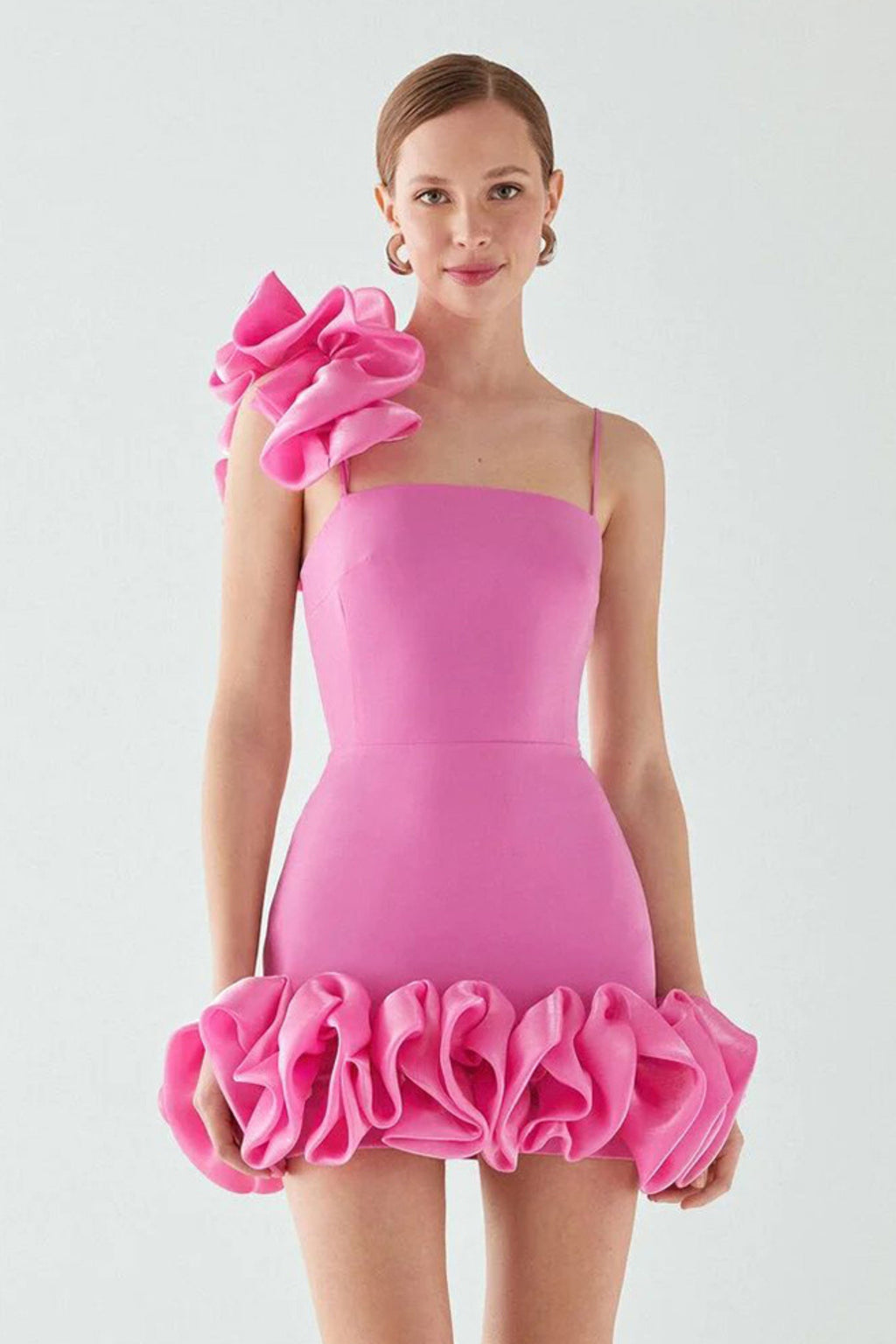 Ruffle one shoulder mini dresses in pink