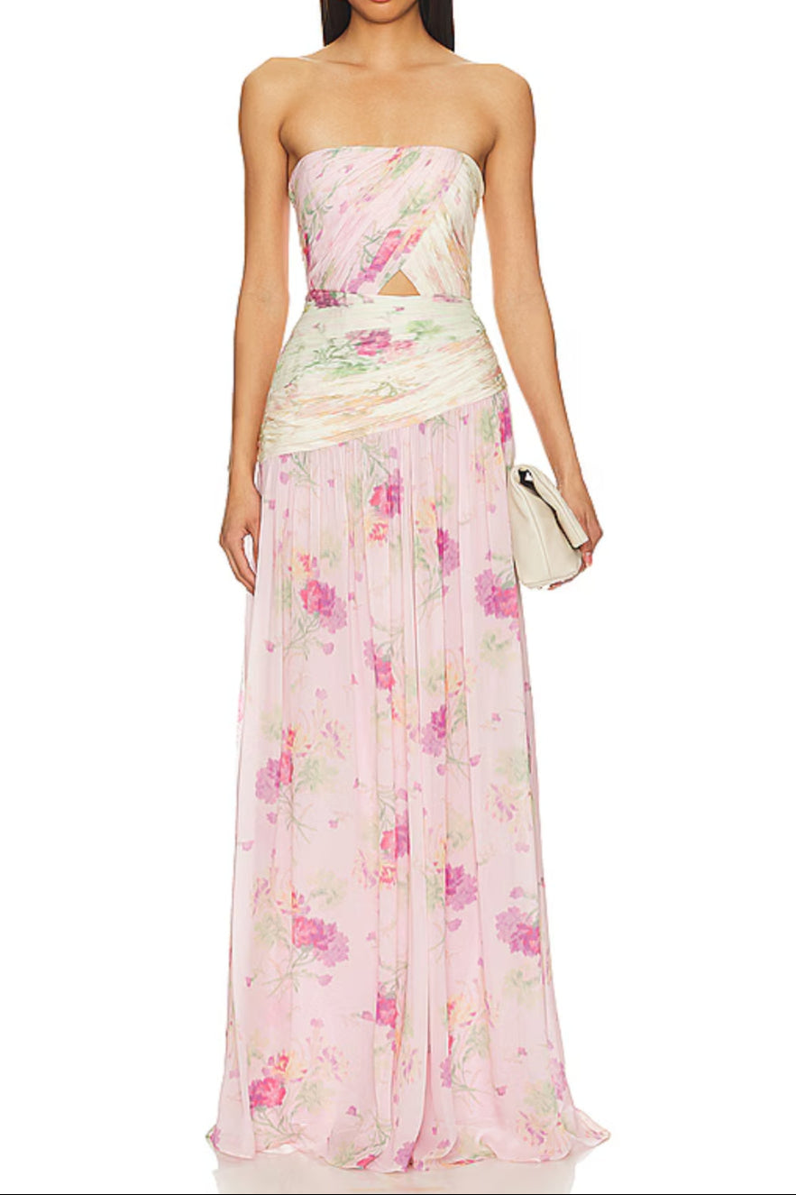 PINTIL STRAPLESS PLEATED FLORAL MAXI DRESS IN MULTI