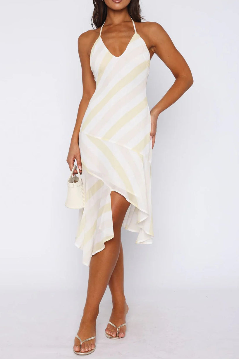 backless Citrus Stripe Midi Dress in ivory