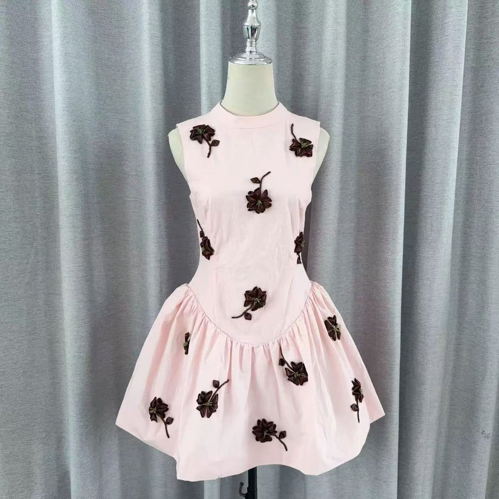 vivien flower embellished puffy mini dress in pink