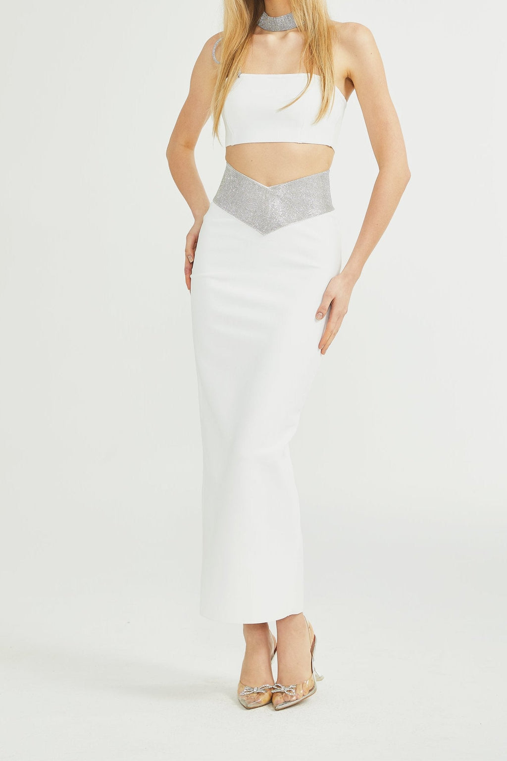 Thérèse crystal-strap top & skirt matching set