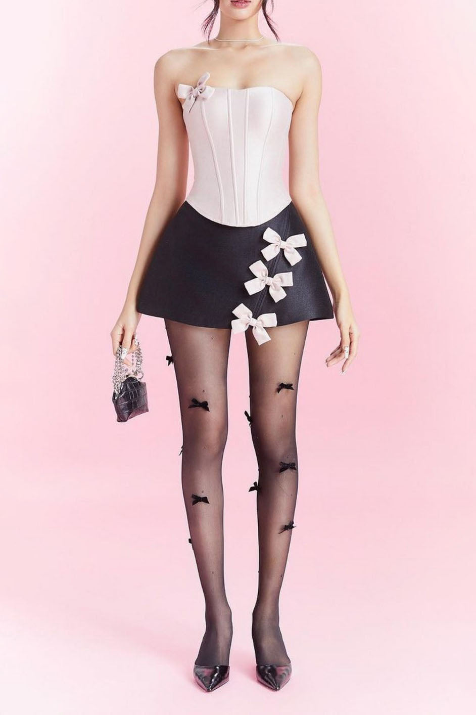 STRAPLESS CROP TOP WITH BOW EMBELLISHED SKIRT