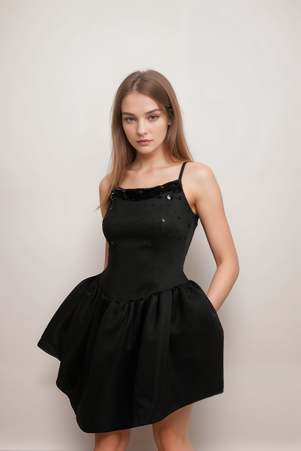 CHARLENE EMBELLISHED ASYMMETRIC DRESS