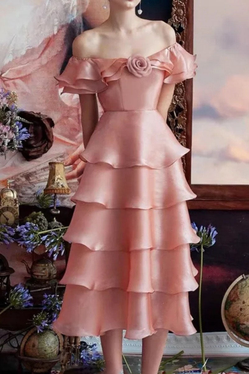 STACK RUFFLES TRIM 3D FLOWER MIDI DRESS IN PINK