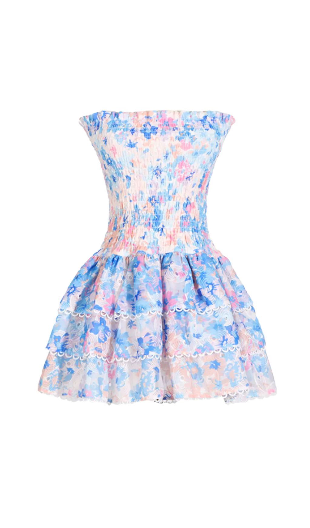 BLUE FLORAL RUCHED STRAPLESS MINI DRESS