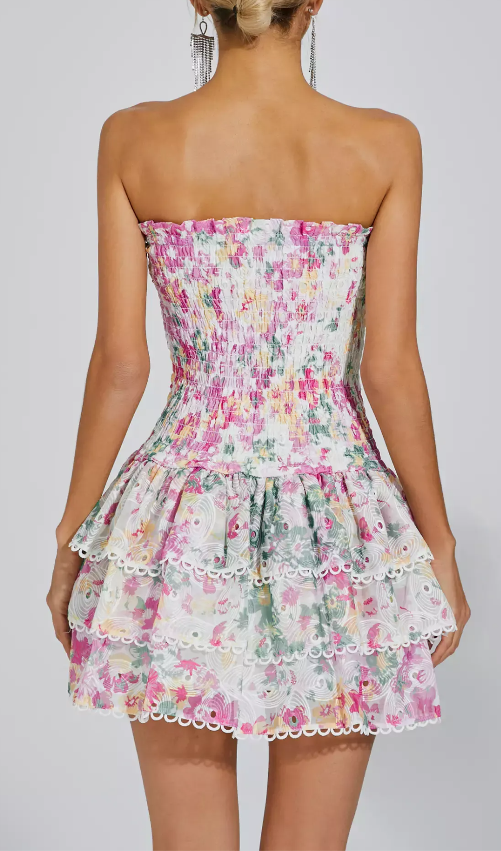WHITE FLORAL RUCHED STRAPLESS MINI DRESS