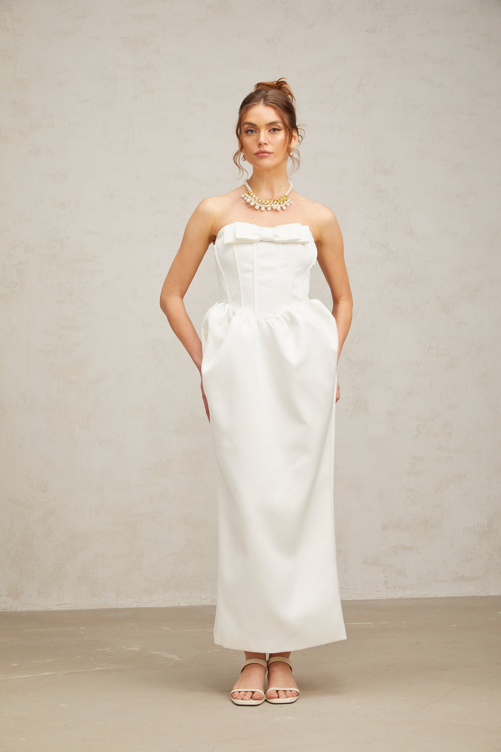 josephine bow satin strapless maxi dress in white