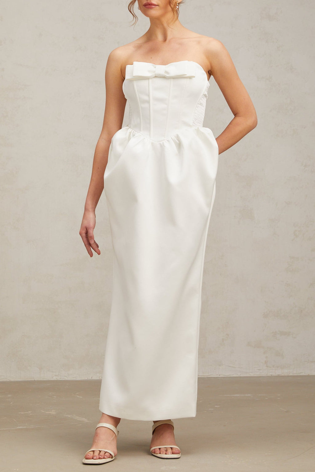 josephine bow satin strapless maxi dress in white