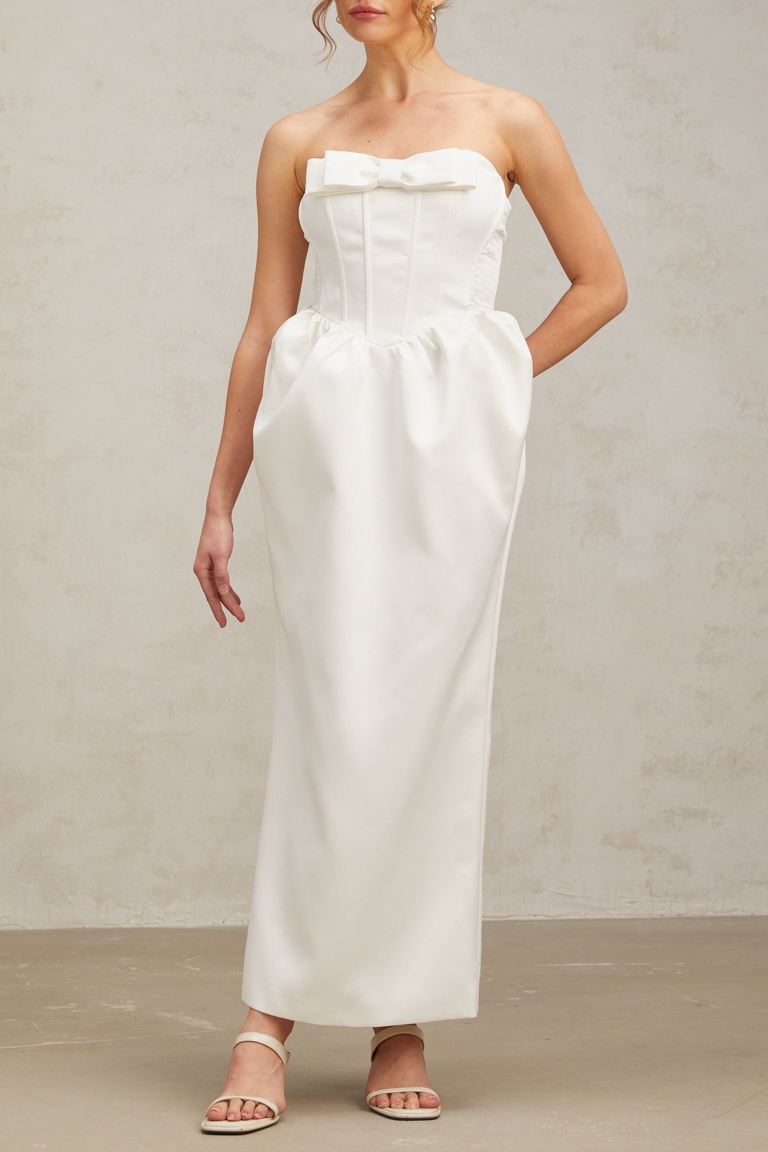 josephine bow satin strapless maxi dress in white