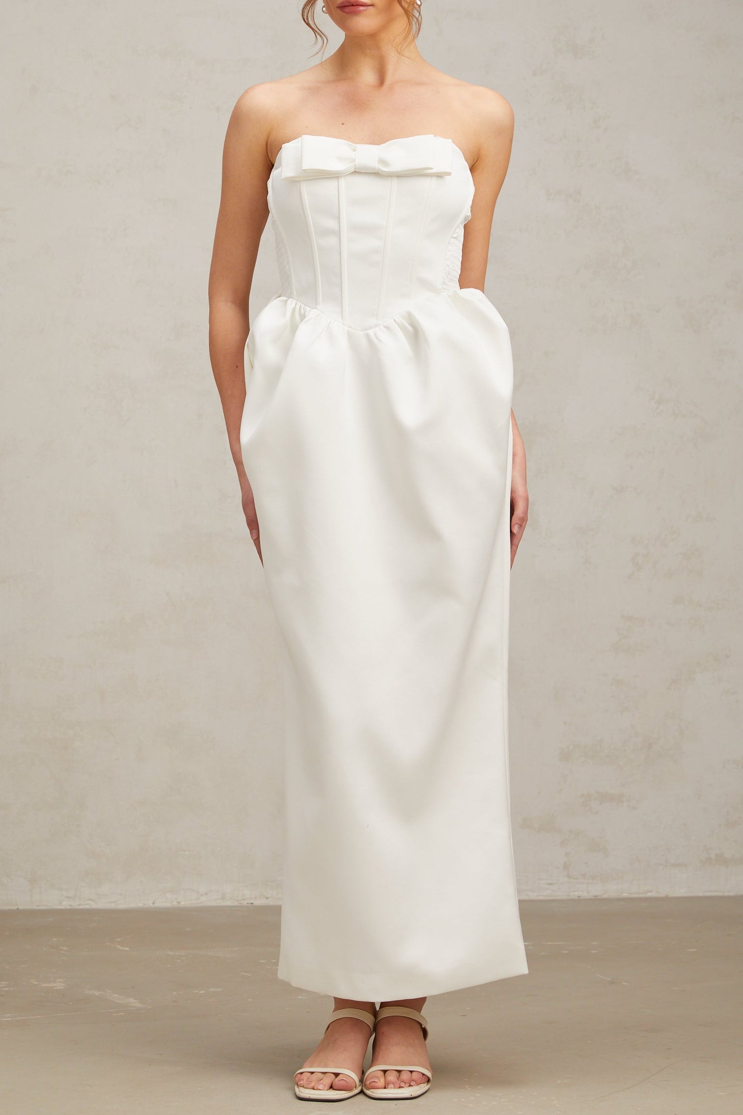 josephine bow satin strapless maxi dress in white