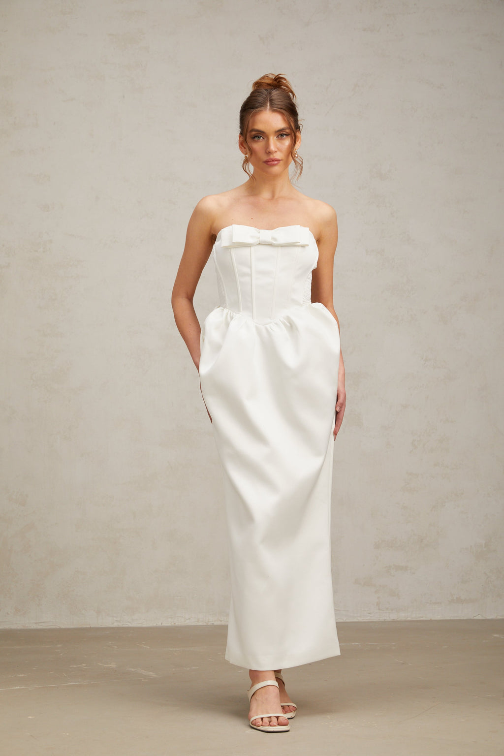 josephine bow satin strapless maxi dress in white