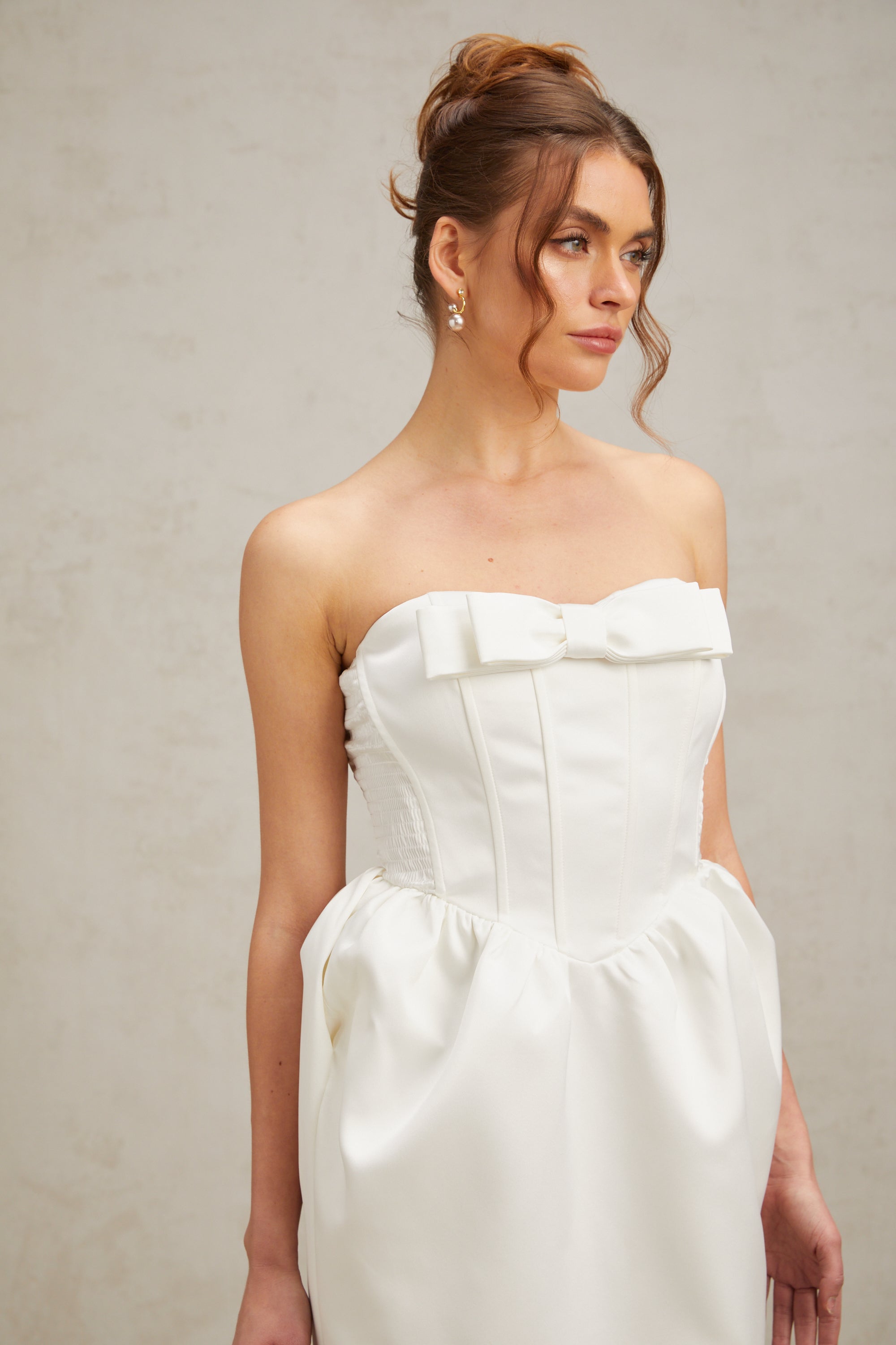 josephine bow satin strapless maxi dress in white