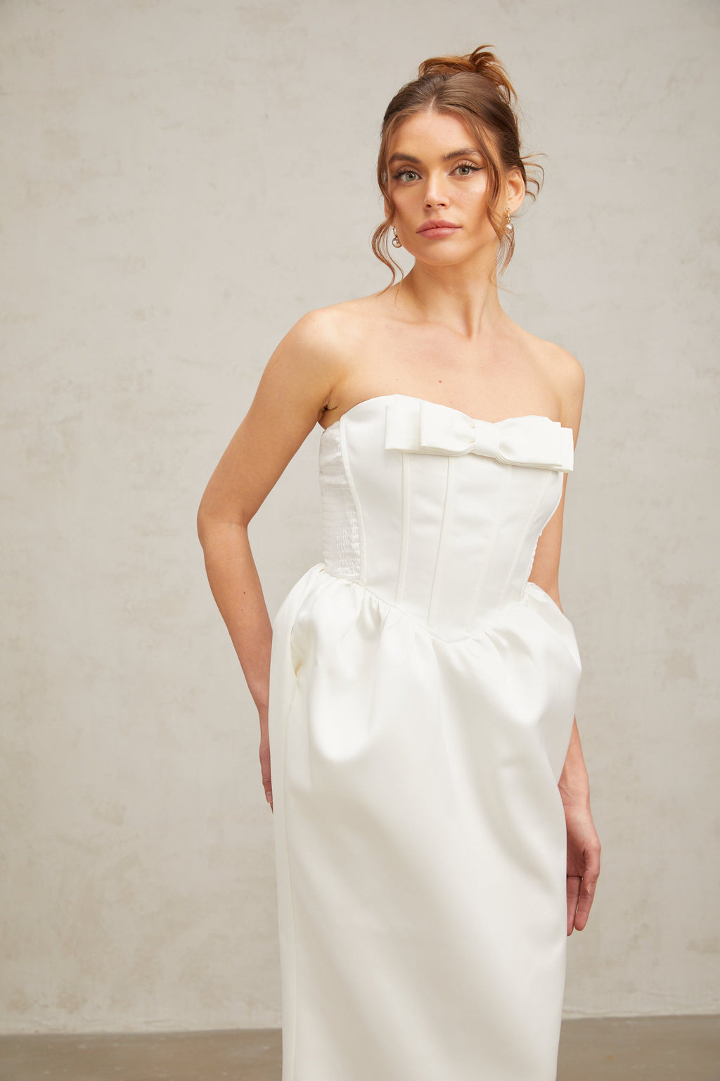 josephine bow satin strapless maxi dress in white