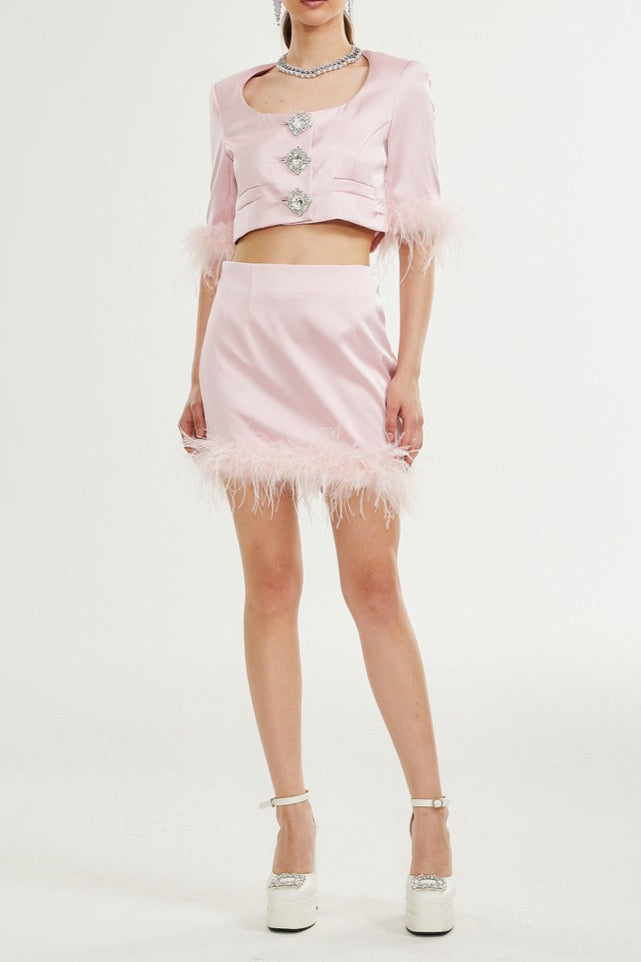 Flavia satin feather top & skirt matching set