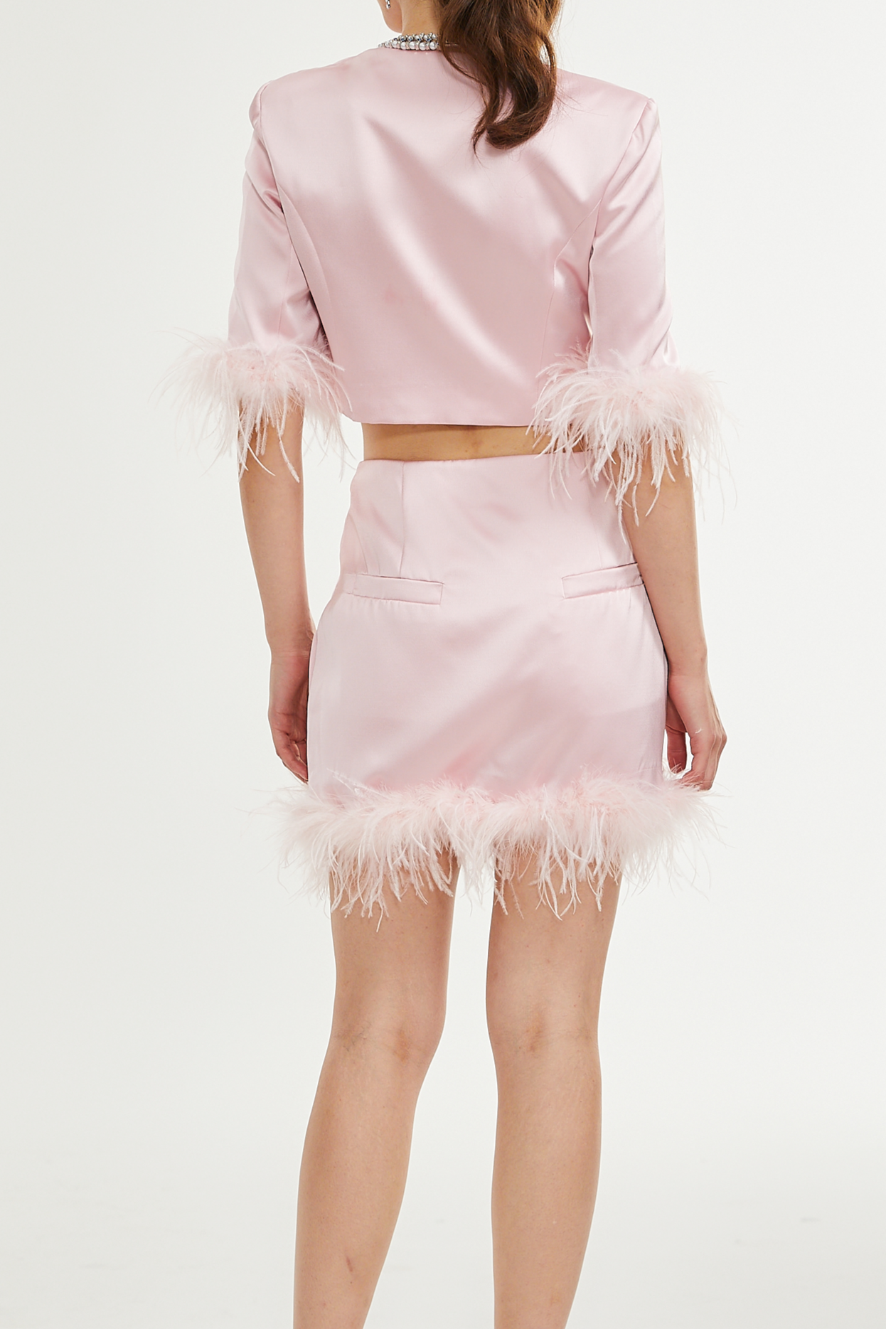 Flavia satin feather top & skirt matching set