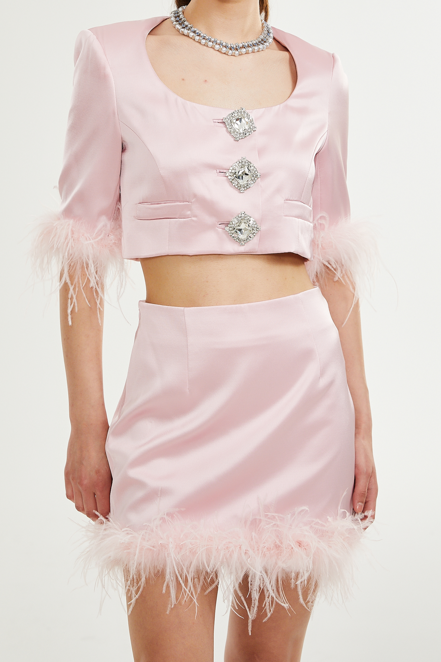 Flavia satin feather top & skirt matching set