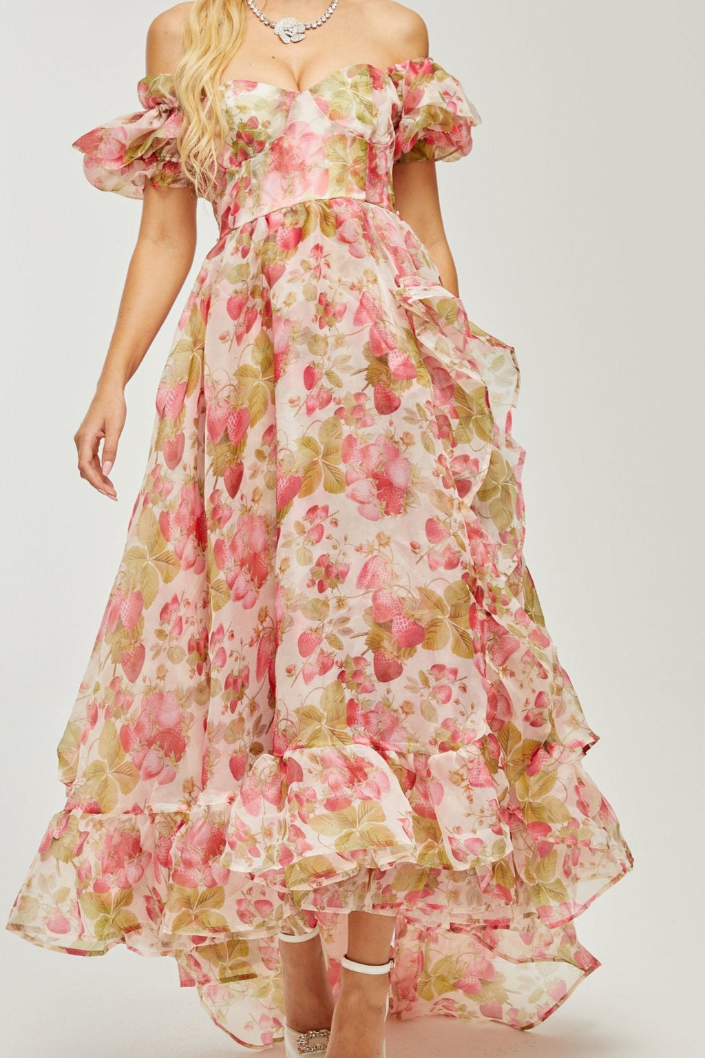 Geneviève fruit-print ruffled maxi dress