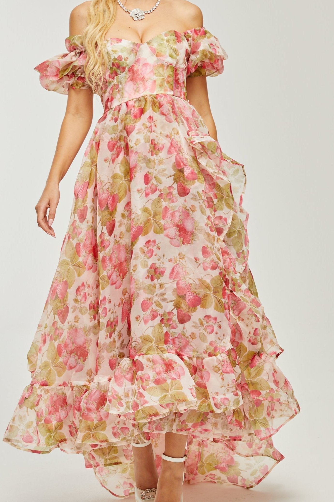 Geneviève fruit-print ruffled maxi dress