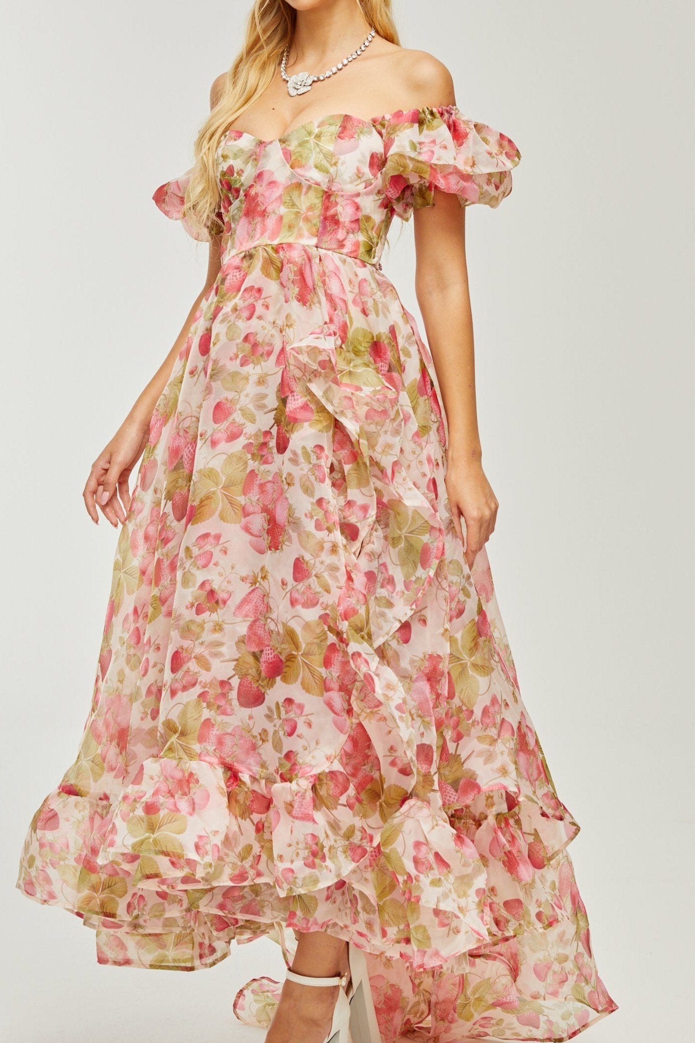 Geneviève fruit-print ruffled maxi dress
