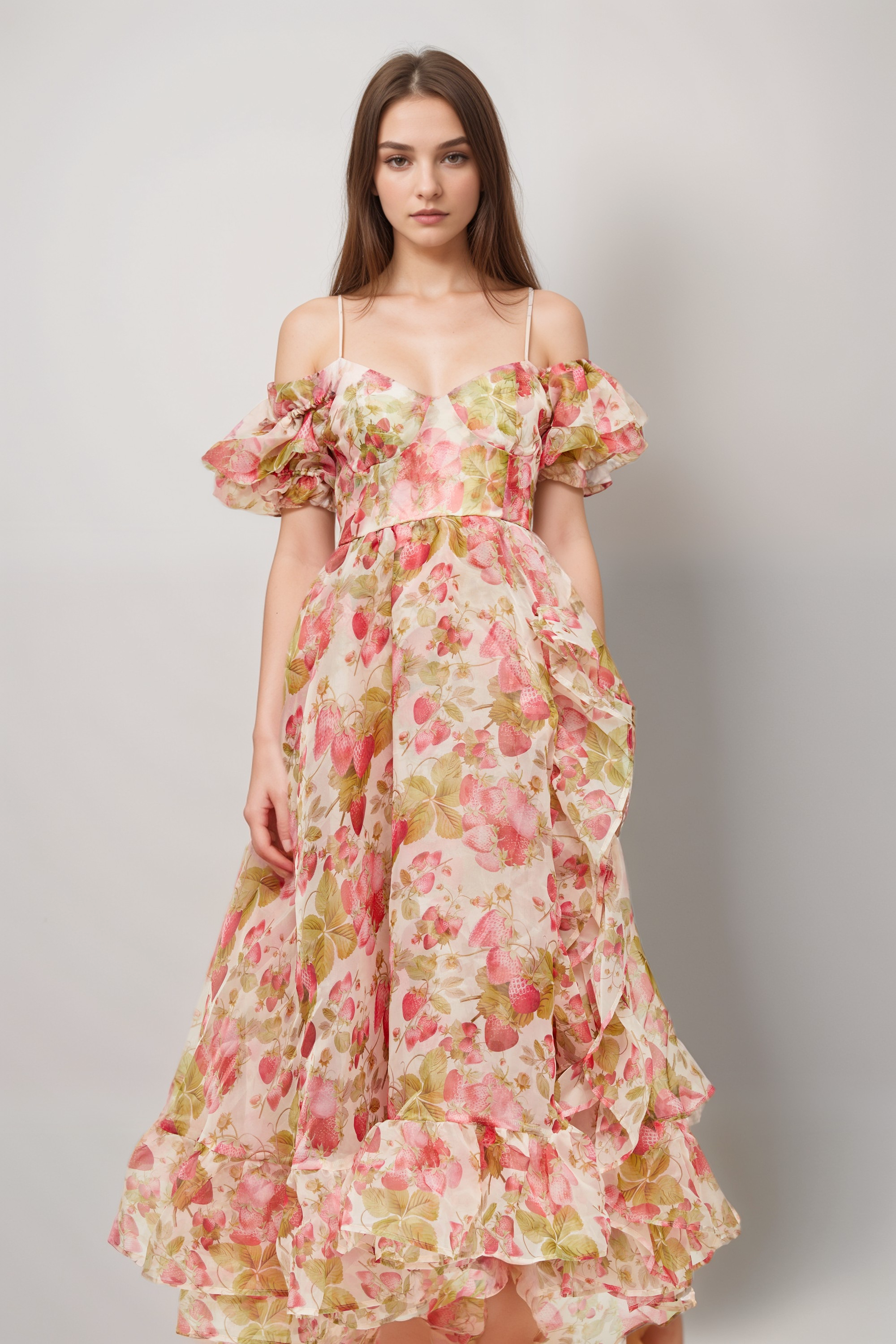 Geneviève fruit-print ruffled maxi dress