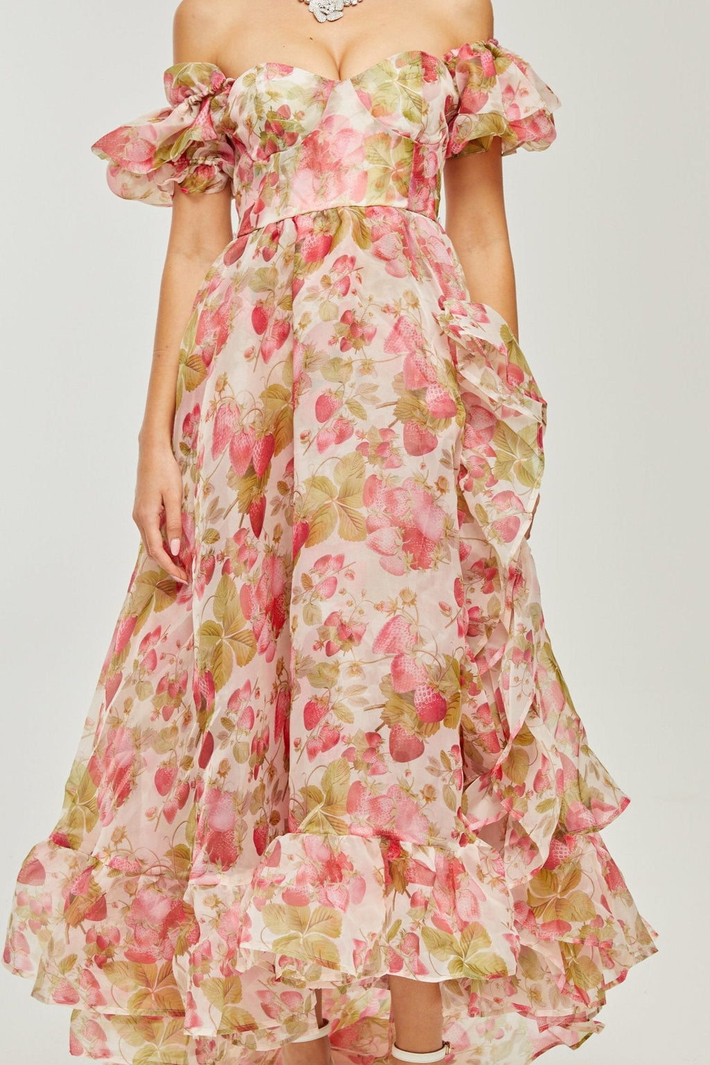 Geneviève fruit-print ruffled maxi dress