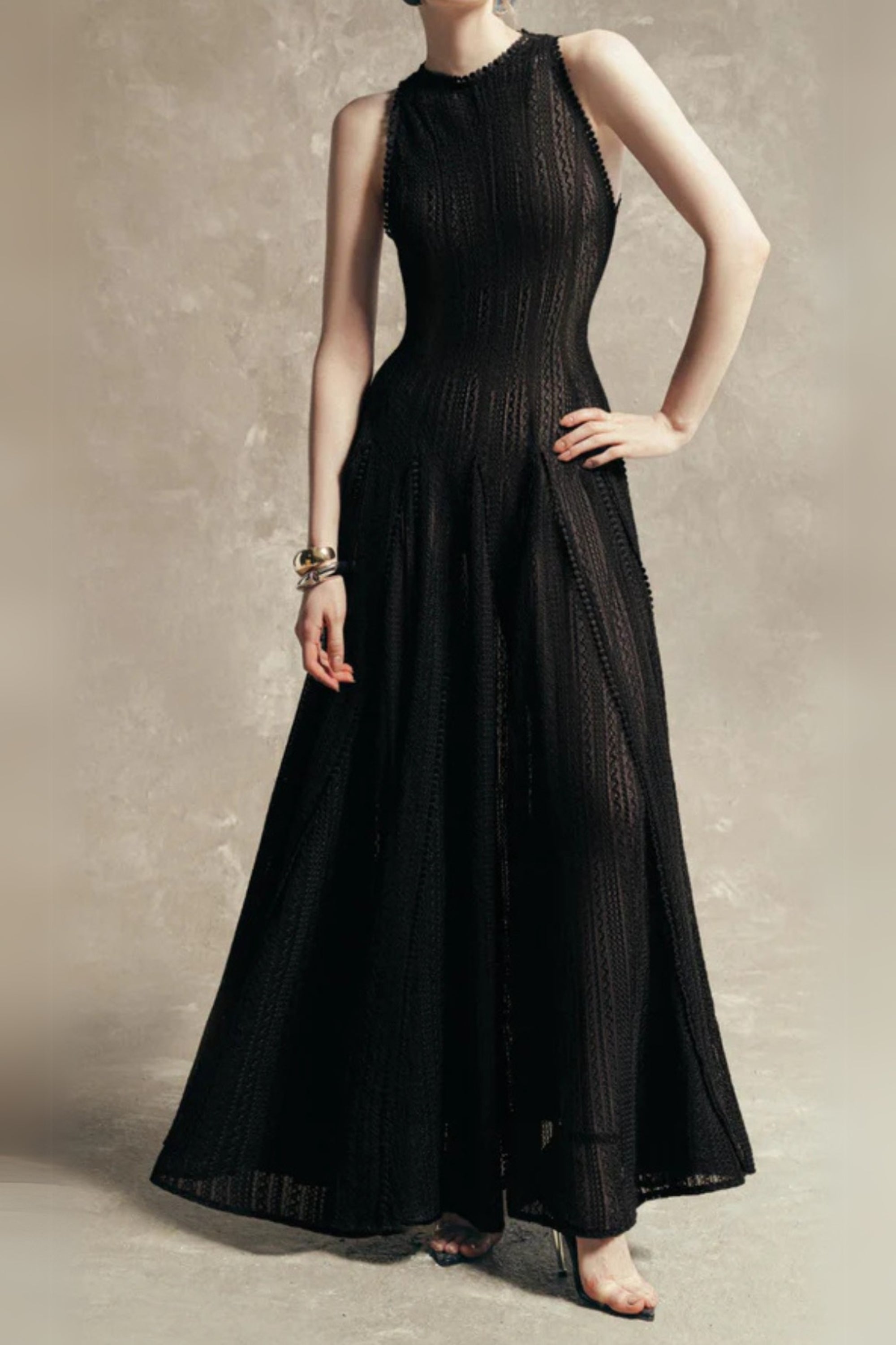 sleeveless lace crochet maxi dress in black