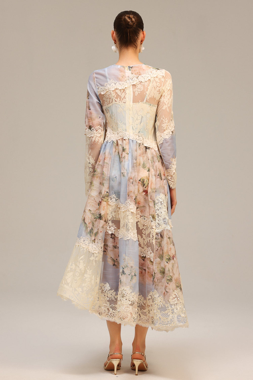 kristin Long Sleeves Floral Printed Asymmetric Lace Maxi Dress