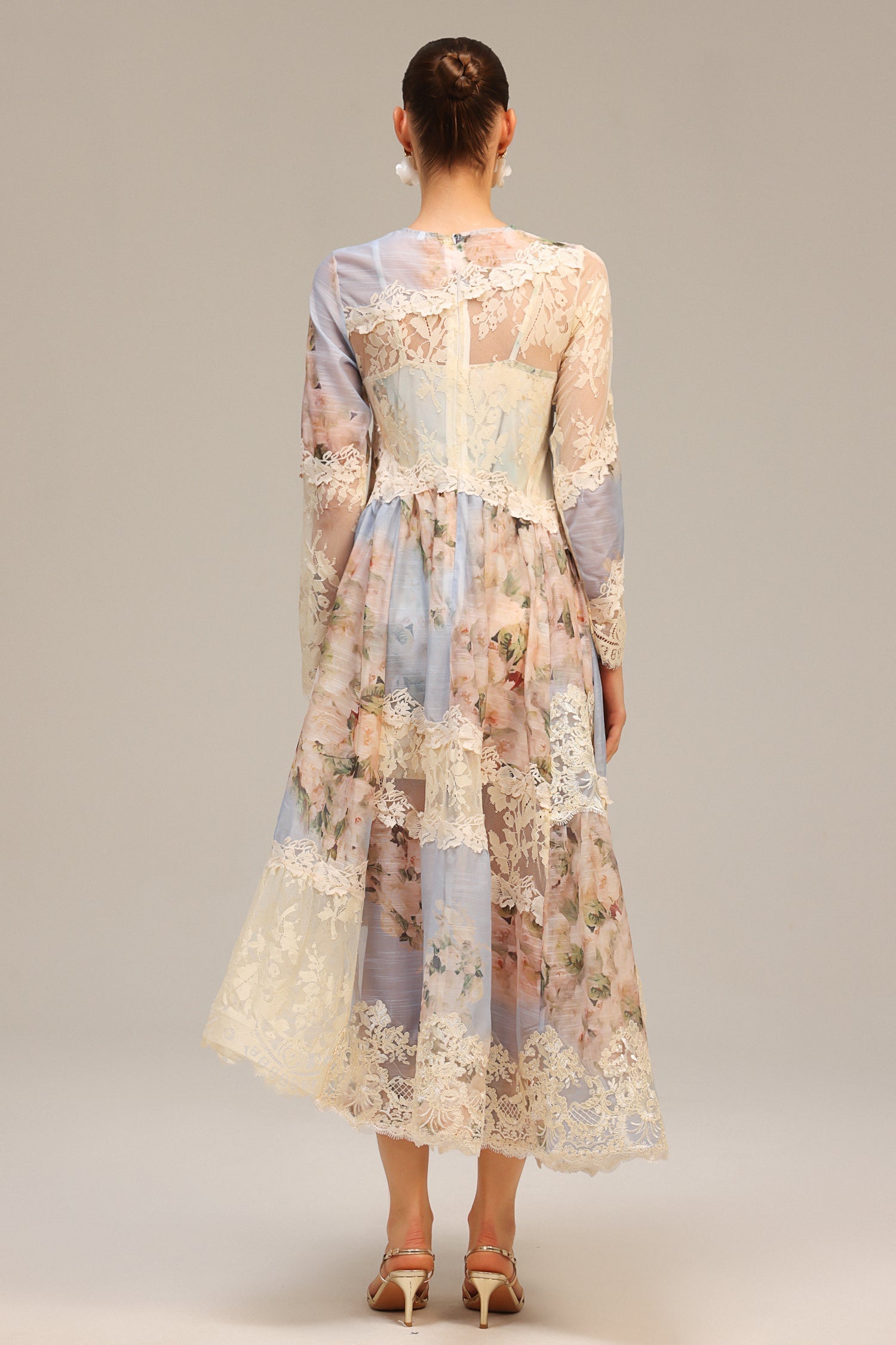 kristin Long Sleeves Floral Printed Asymmetric Lace Maxi Dress