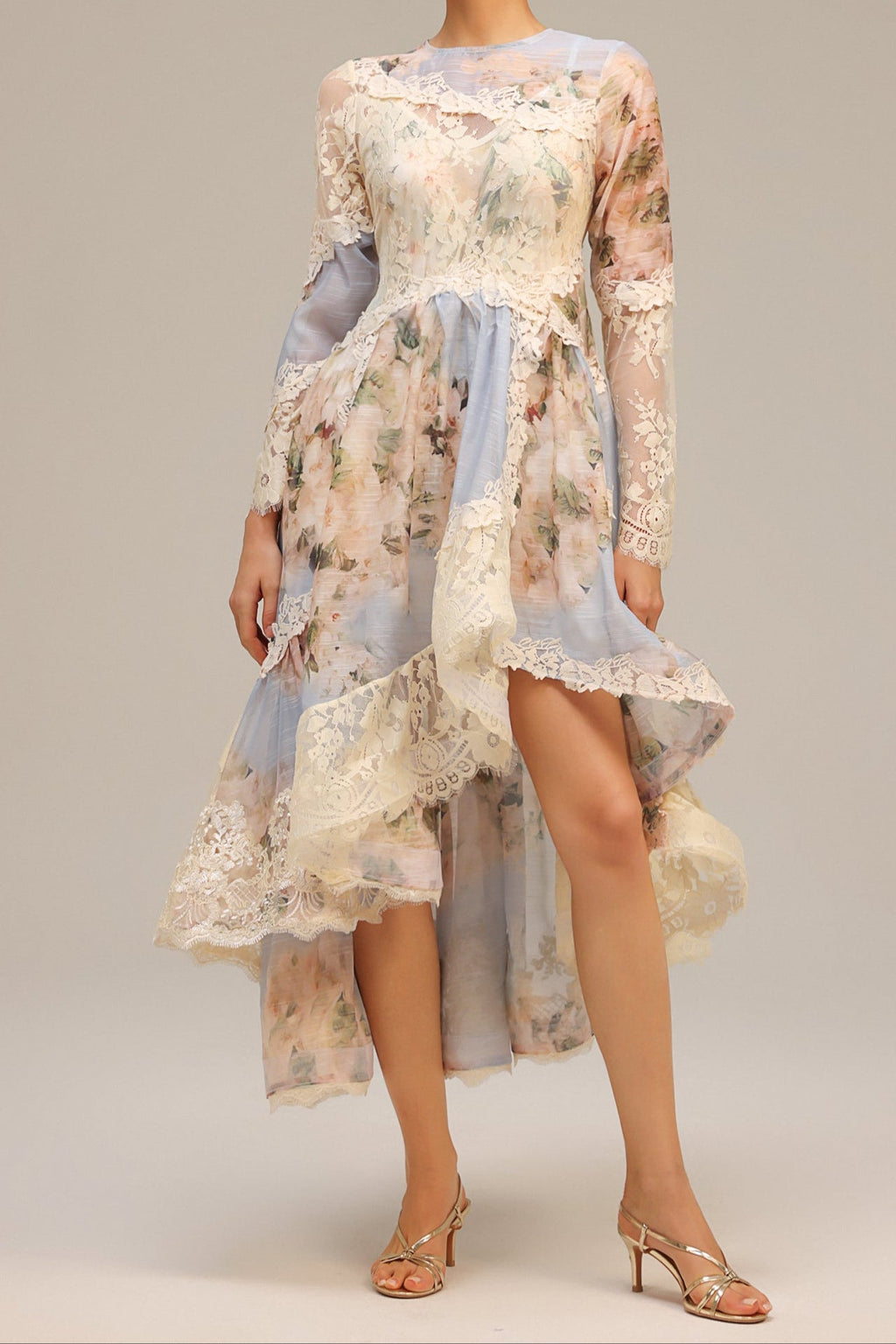kristin Long Sleeves Floral Printed Asymmetric Lace Maxi Dress
