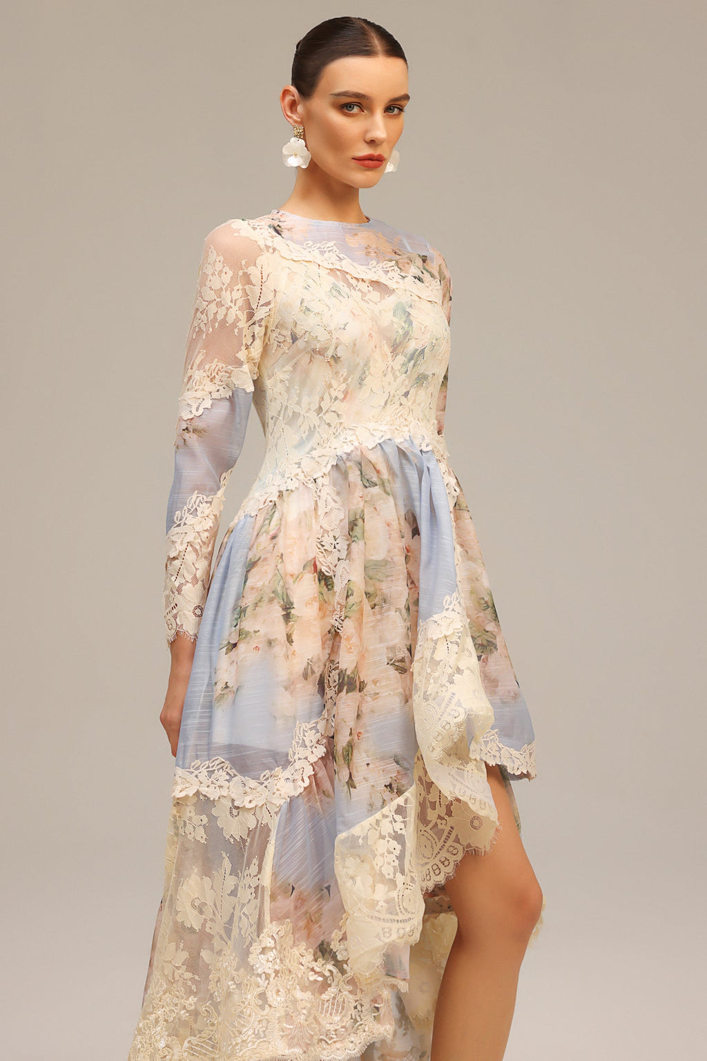kristin Long Sleeves Floral Printed Asymmetric Lace Maxi Dress