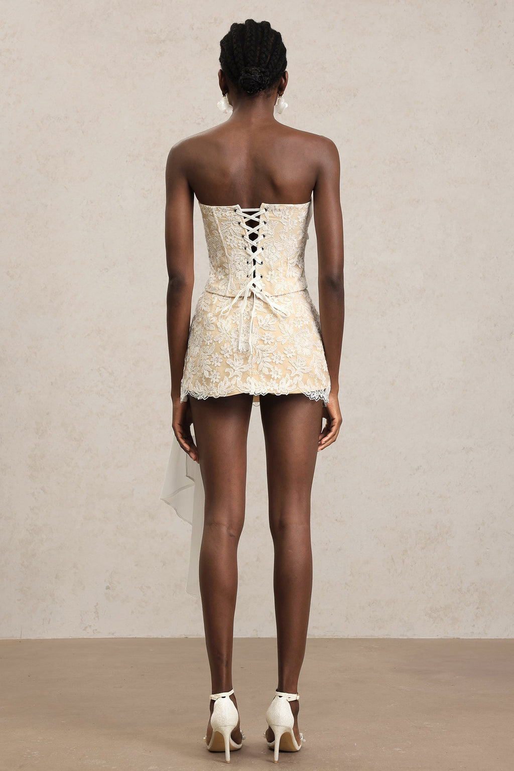 white Herringbone tube top floral ruffle mini dress suit